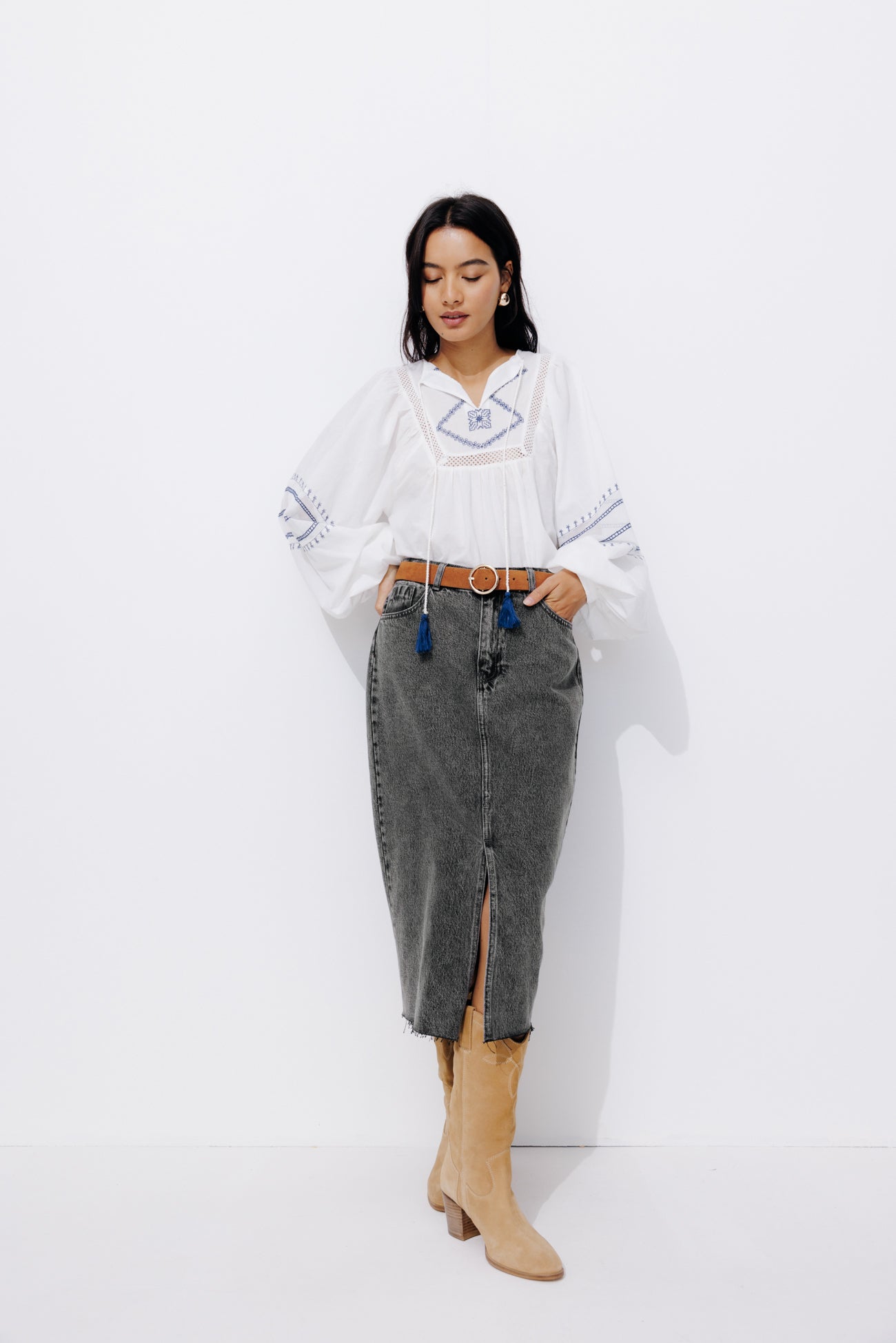 Denim midi skirt - Grey denim