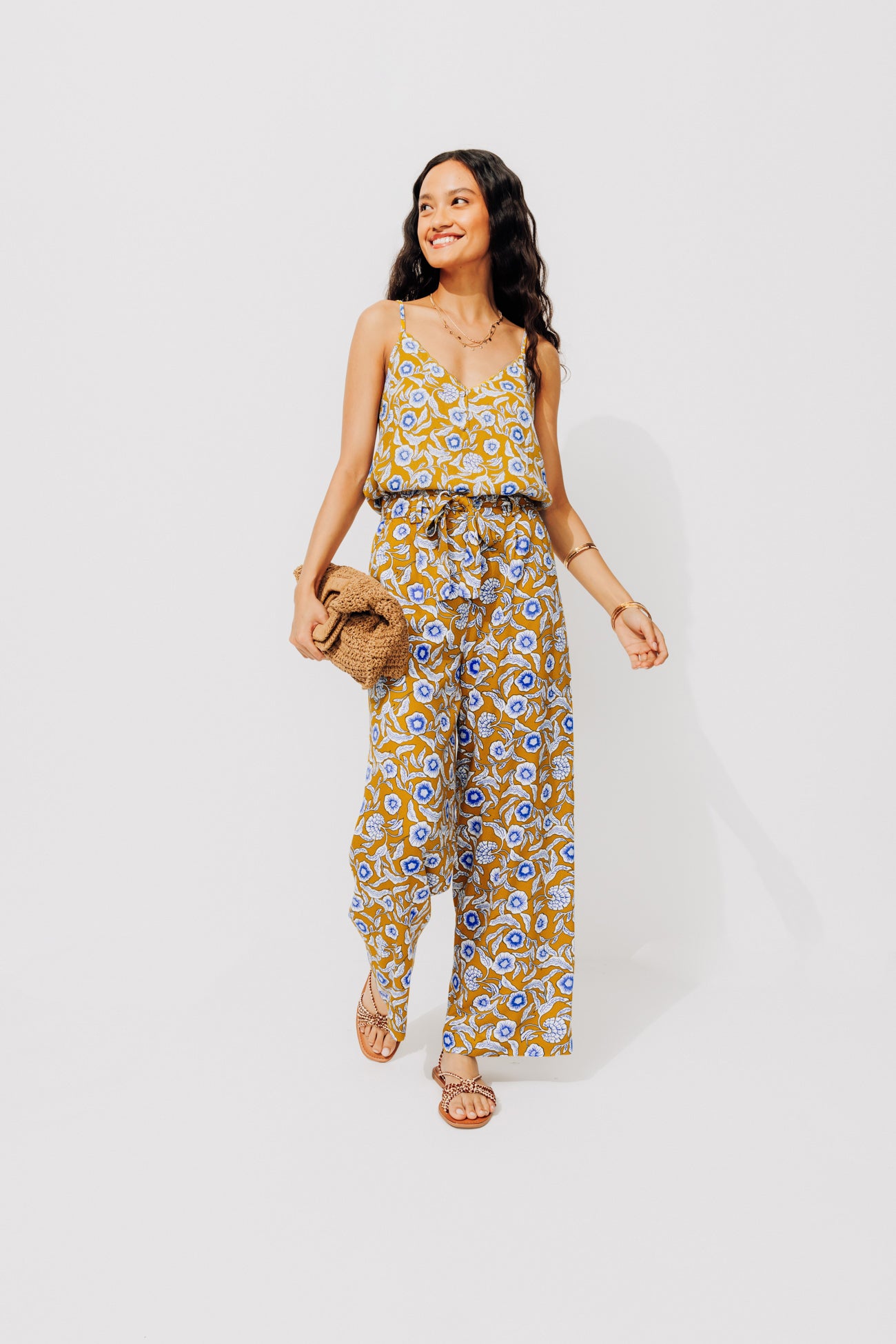 High-waist wideleg trousers - Ochre print