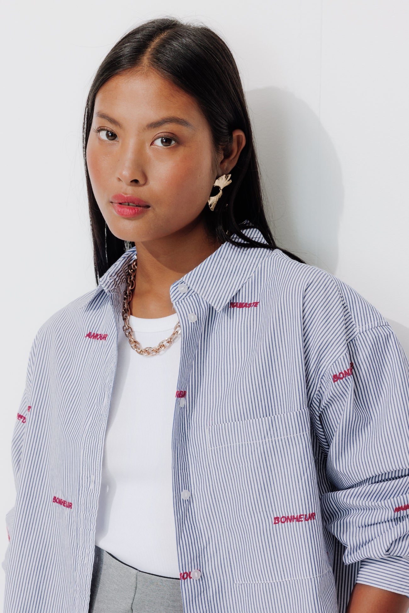 Embroidered striped shirt - Navy blue stripes