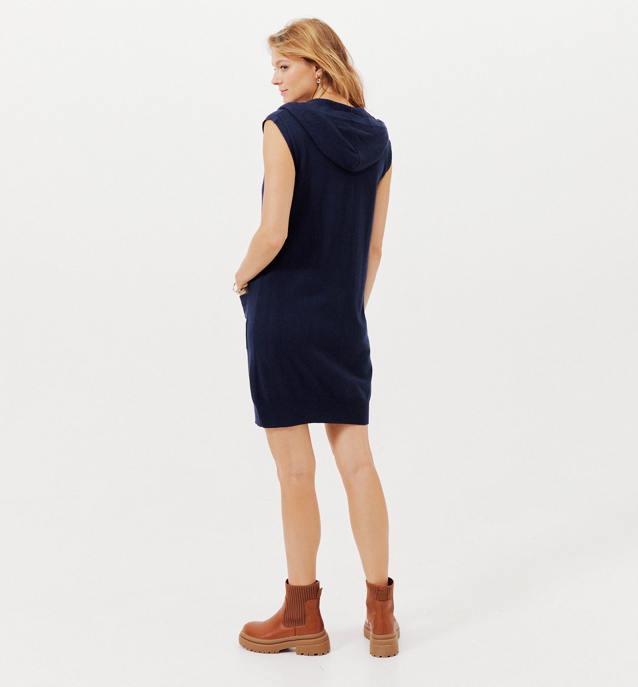 Hooded knit dress - Navy blue