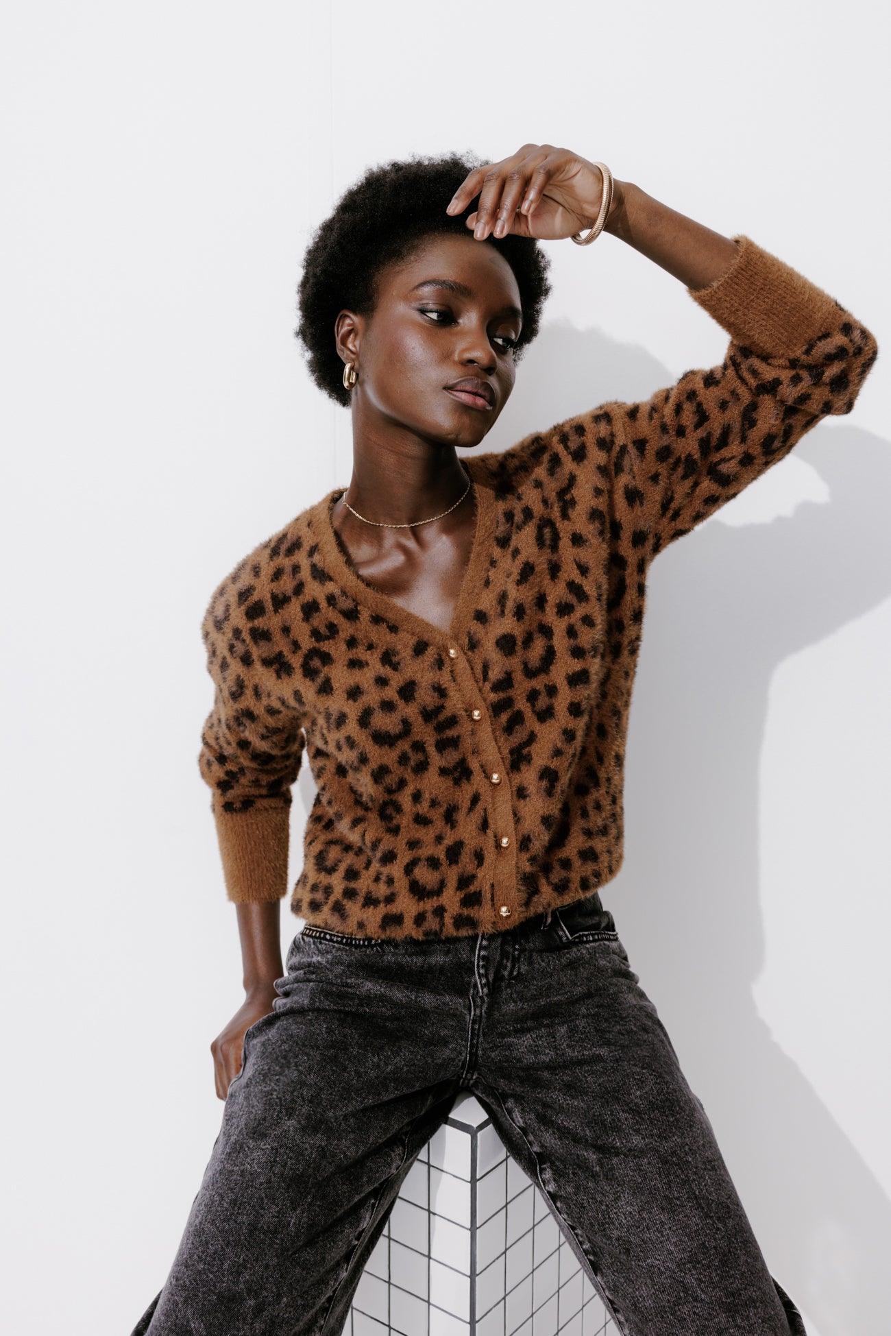 Leopard v-cardigan - Black print