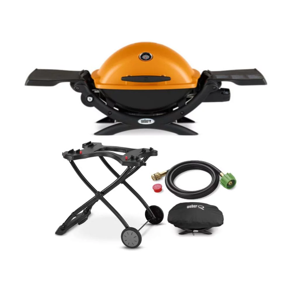 er Q1200 Liquid Propane Grill (Orange) with Portable Cart, Adapter