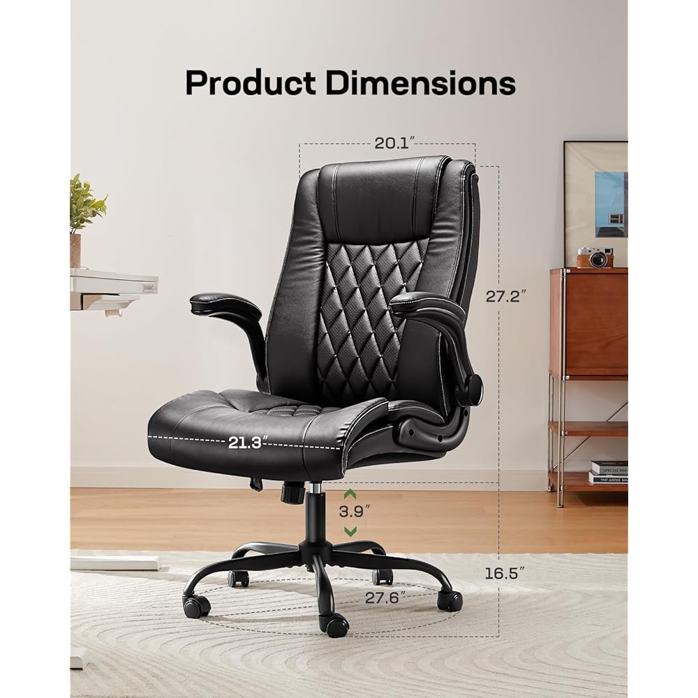 Marsail Executive Office Chair with Flip-up Armrests,PU Leather Ergonomic Desk Chair Height-Adjustable Swivel Rolling Computer Desk Chair,Black : Office Products