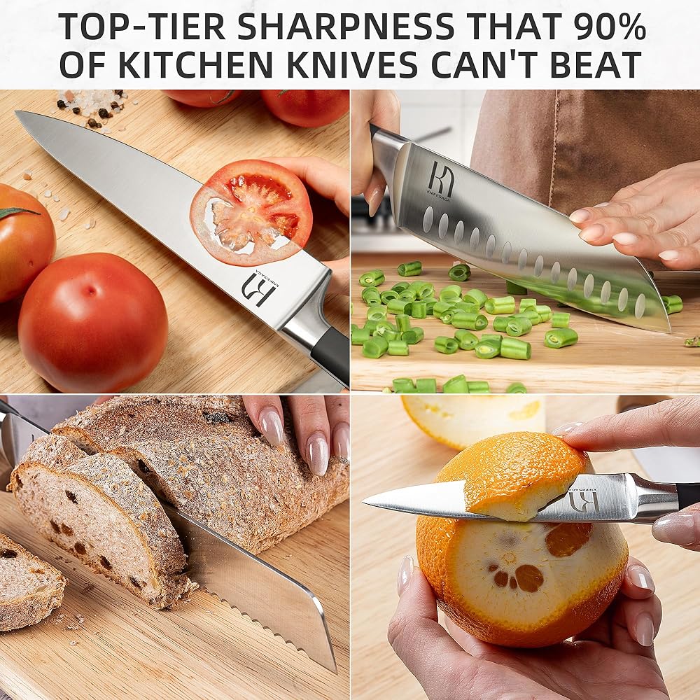 KnifeSaga Knife Set with Block Premium, Japanese 15 Piece Ultra Sharp High Carbon Stainless Steel Kitchen Knives set with Sharpener, Professional Knife Block Set with Ergonomic Handle for Home Chefs: Home & Kitchen