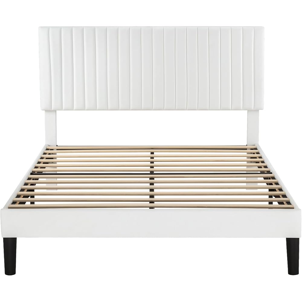 Allewie Queen Bed Frame, Velvet Upholstered Platform Bed with Adjustable Vertical Channel Tufted Headboard, Mattress Foundation with Strong Wooden Slats, Box Spring Optional, Easy Assembly, White : Home & Kitchen