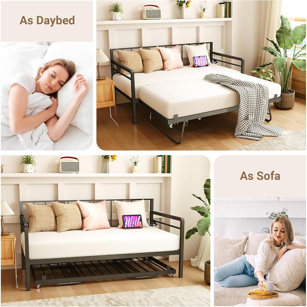 Zevemomo Twin Daybed with Pop Up Trundle, Metal Day Bed Frame with LED Lights and Charging Station, Day Bed with Trundle Bed Twin, Black Daybed for Living Room, Bedroom, Guest Room : Home & Kitchen