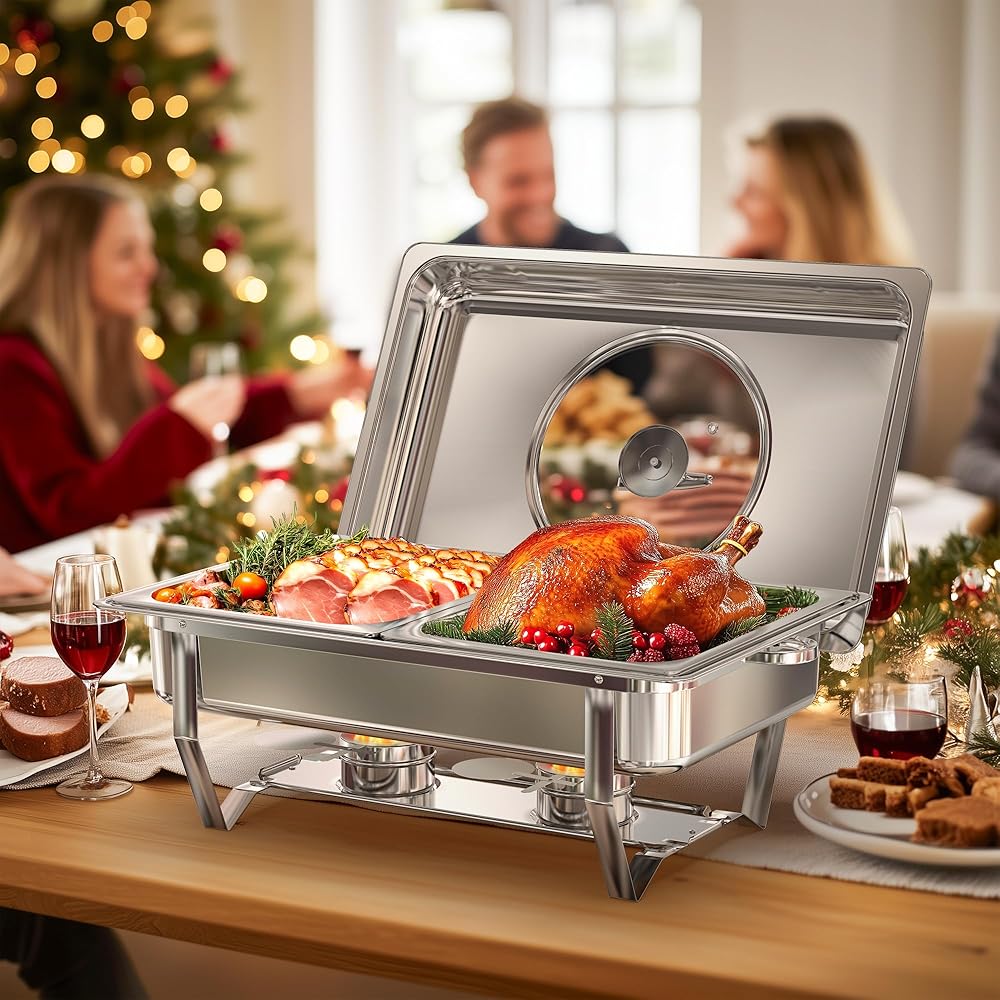 WARMOUNTS Chafing Dishes for Buffet with Glass Lid (9QT, 4Pack) - Food-Grade Stainless Steel, Rolled Edge Design, Foldable Frame, Lid Holder, Buffet Servers and Warmers Parties, Catering, Weddings: Home & Kitchen