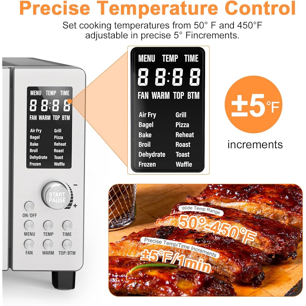Nuwave Bravo Air Fryer Toaster Smart Oven, 10-in-1 Countertop Convection, 1800 Watts, 21-Qt Capacity, 50°-450°F Temp Controls, Top and Bottom Heater Adjustments 0%-100%, PFAS Free, Stainless Steel : Home & Kitchen