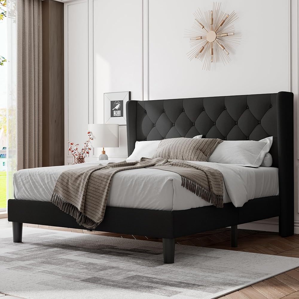 Feonase Queen Bed Frame with Upholstered Wingback Headboard, Platform Bed and Heavy Duty Wooden Slats Support, Easy Assembly, Noise-Free, No Box Spring Needed, Black : Home & Kitchen