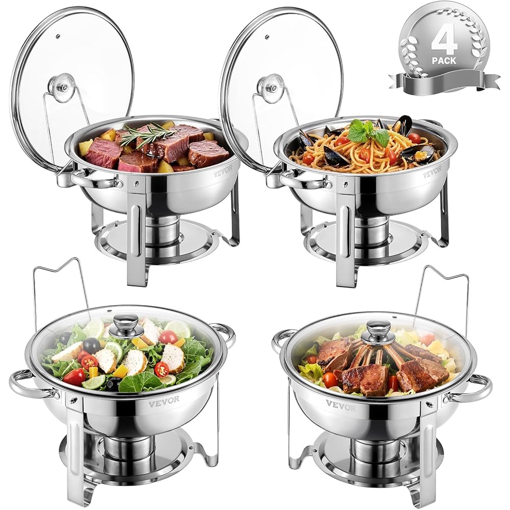 VEVOR Chafing Dish Buffet Set, 5 Qt 4 Pack, Stainless Steel Chafer with 4 Full Size Pan, Round Catering Warmer Server with Glass Lid Water Pan Folding Stand Fuel Holder, for Wedding Party Banquet: Home & Kitchen