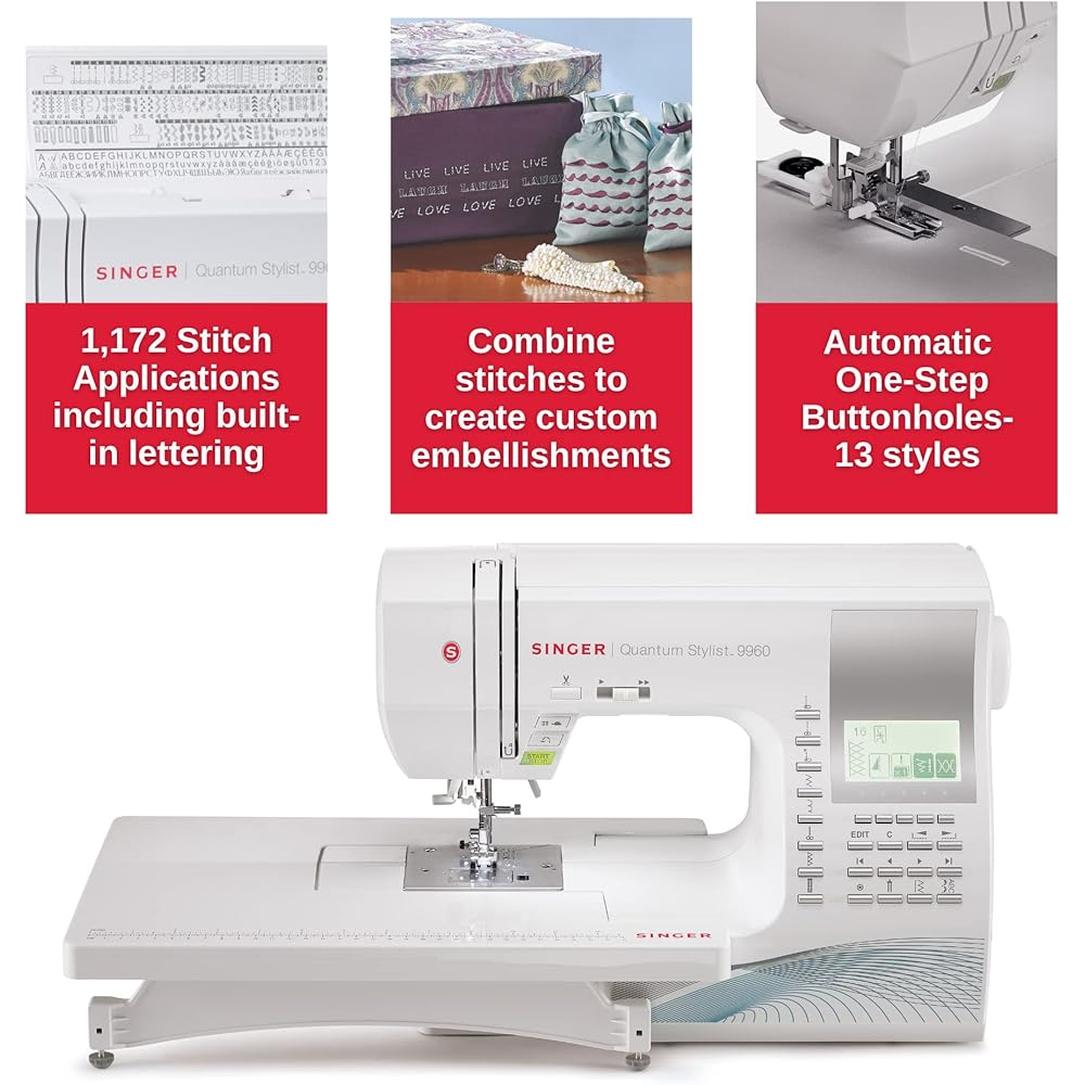 SINGER Quantum Stylist 9960 Computerized Sewing & Quilting Machine with Extension Table, Hard Case & Accessories | 600 Stitches, Lettering, LED Light, 1-Step Buttonhole & High-End Touch Controls