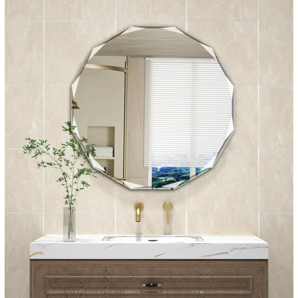 SNUGACE Single Beveled Edge Circle Mirror Frameless Wall Mount Bathroom Vanity Mirror, 30”