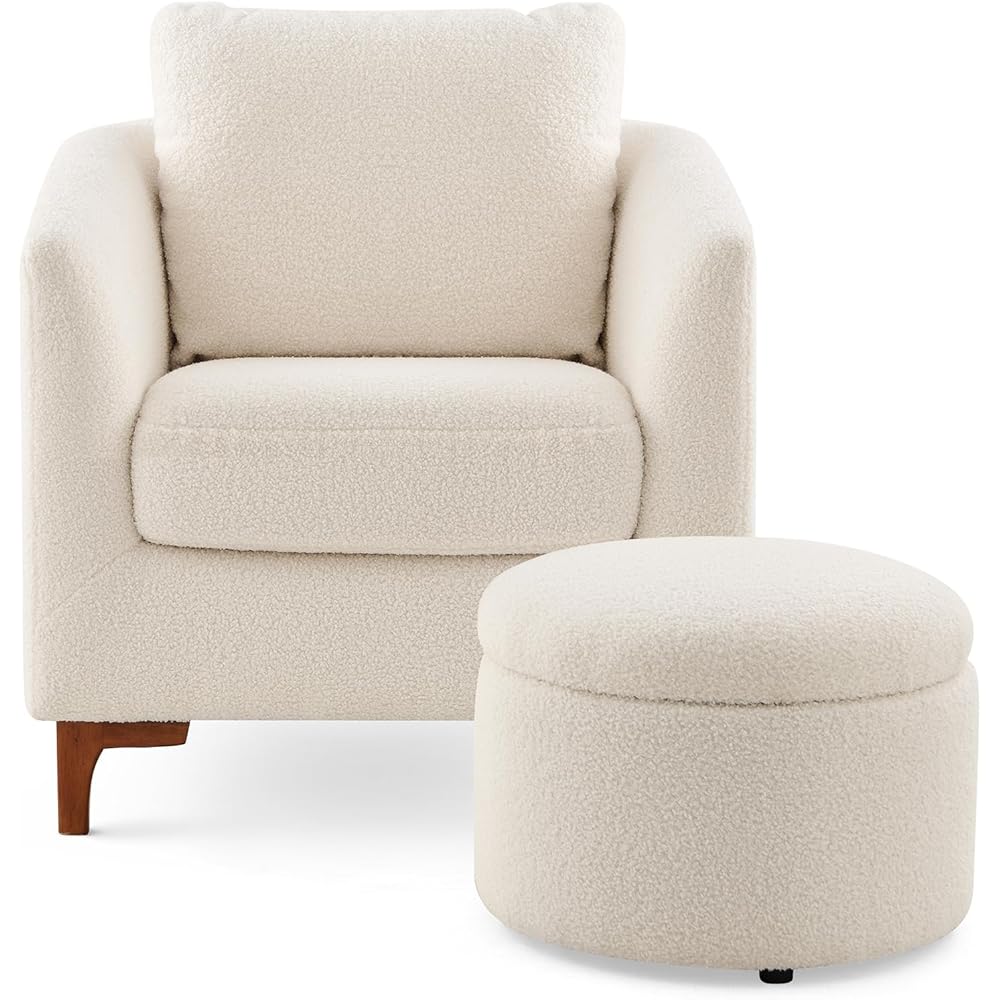 COLAMY Sherpa Accent Chair with Storage Ottoman Set, Upholstered Barrel Arm Chair with Footrest, Modern Living Room Chair with Back Pillow, Cream : Everything Else