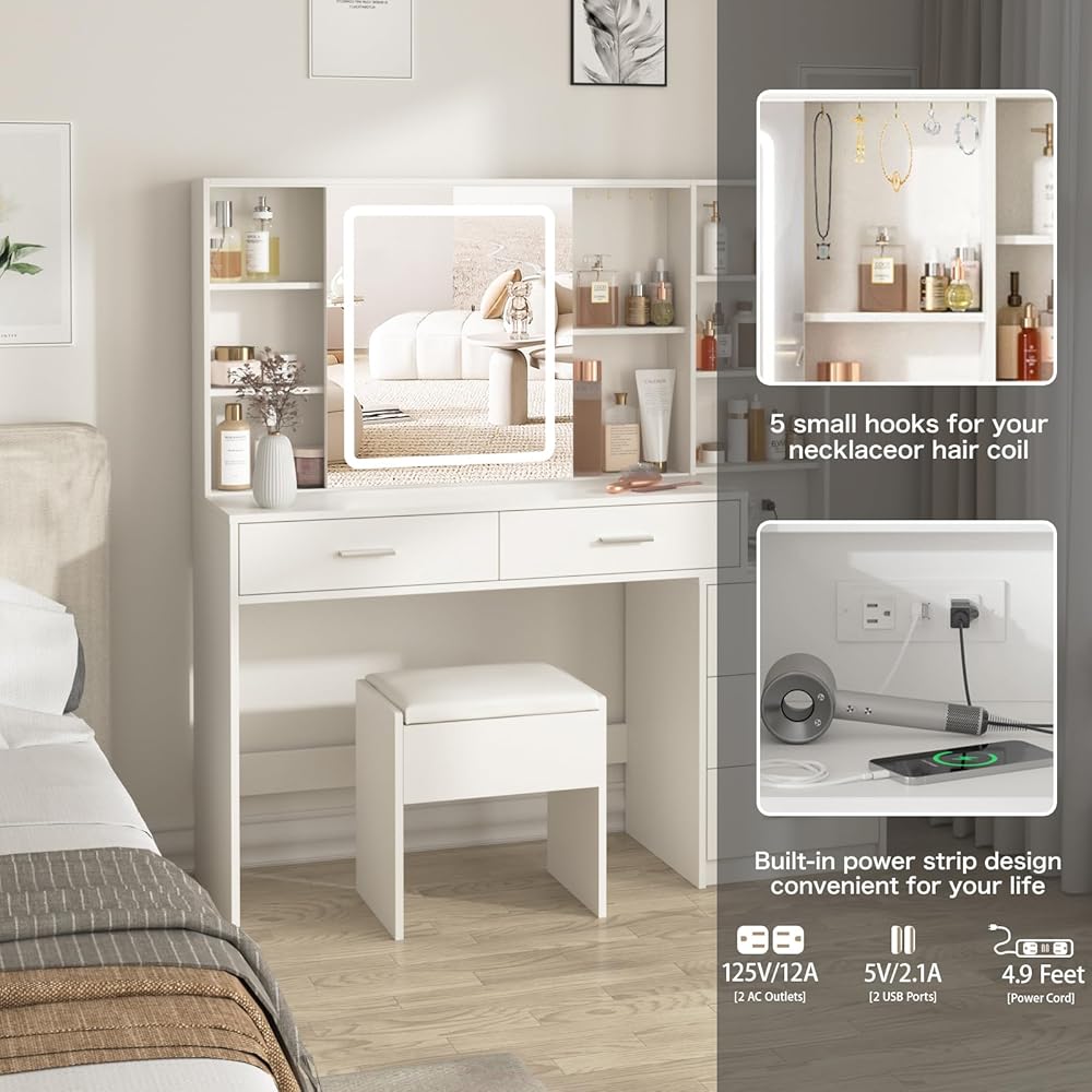 Fameill Vanity Desk with Mirror and Lights, Makeup Vanity with 5 Drawers, Makeup Desk with Charging Station and Ample Storage, Dressing Table with Chair for Bedroom Room (White) : Home & Kitchen