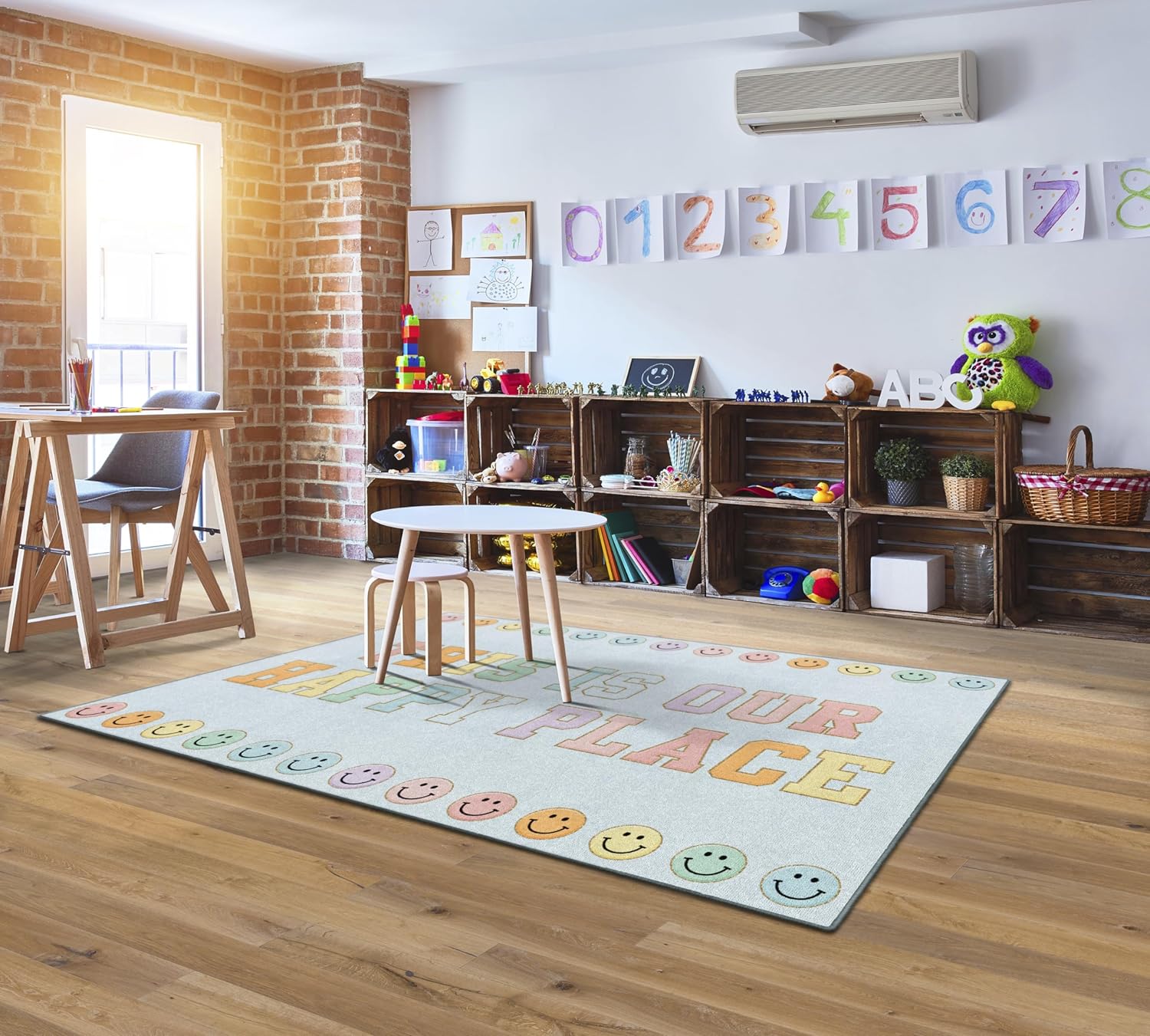 Flagship Carpets Schoolgirl Style This is Our Happy Place on Blue Educational Area Rug for Kids Room Seating Décor, Children's Classroom, Play Carpet for Teaching and Playroom, 5' x 7'6