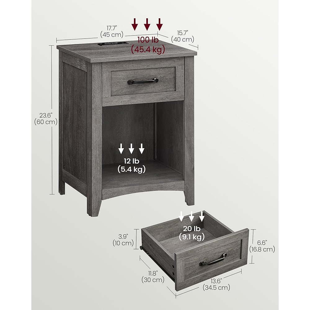 VASAGLE LIRY Collection - Farmhouse Nightstands with Charging Station, Set of 2 Bedside Tables, Side Tables with Drawer, Open Compartment, for Bedroom, Misty Gray ULET859G01 : Home & Kitchen
