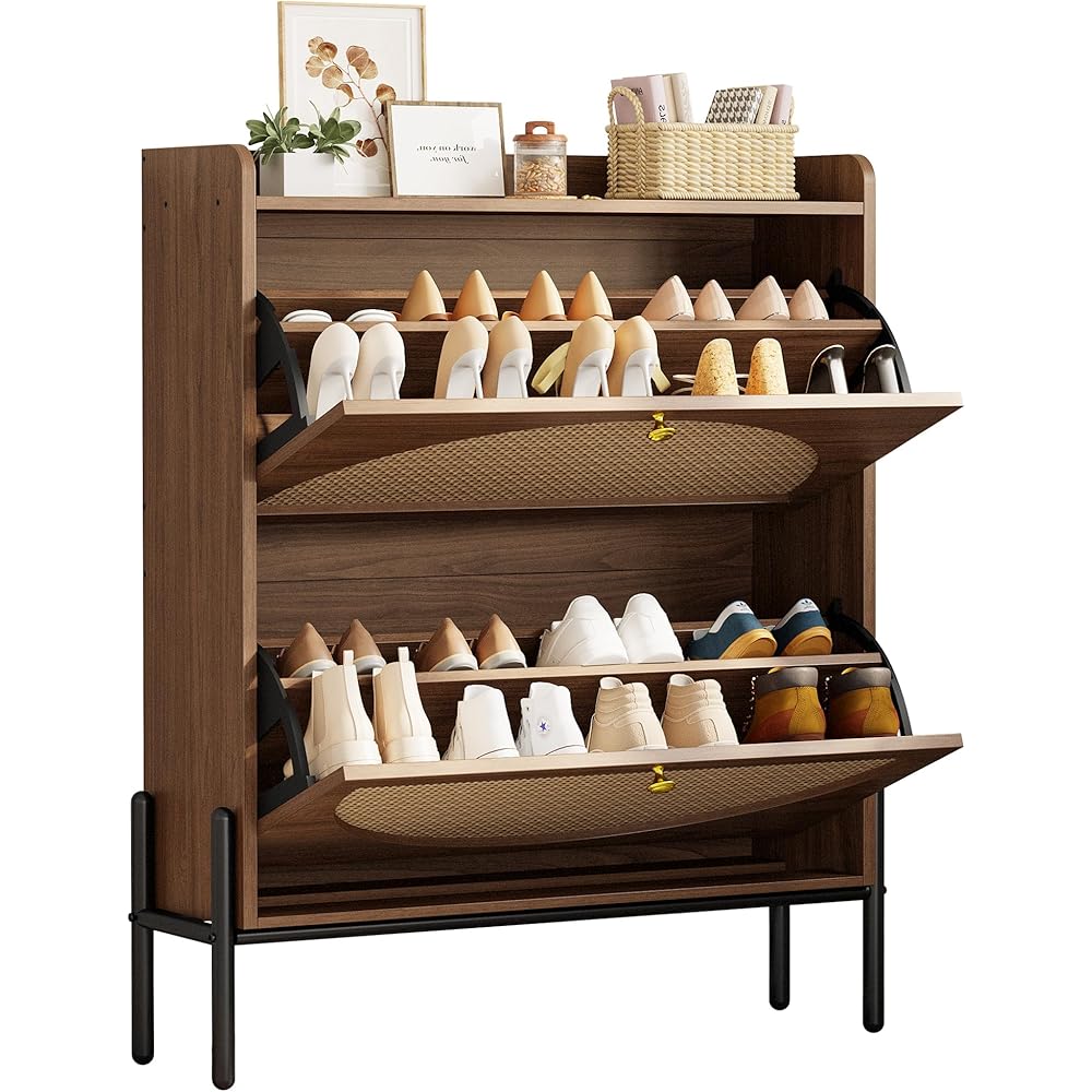 IRONCK Shoe Cabinet Storage with 2 Flip Drawers, Free Standing Wooden Shoe Storage Organizer Cabinet with Rattan Doors for Entryway, Narrow Shoe Rack Cabinet, Walnut : Home & Kitchen