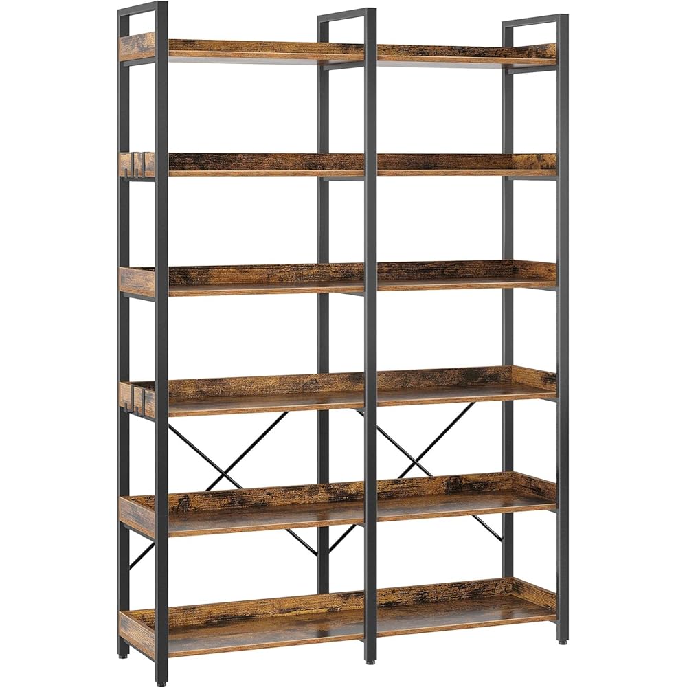 Seventable Bookshelf 6 Tier with 4 Hooks, 67” Industrial Wooden Bookcase, Vintage Storage Rack with Open Shelves, Rustic Standing Bookshelves Metal Frame 43.3” Wide Display Rack, Rustic Brown : Home & Kitchen