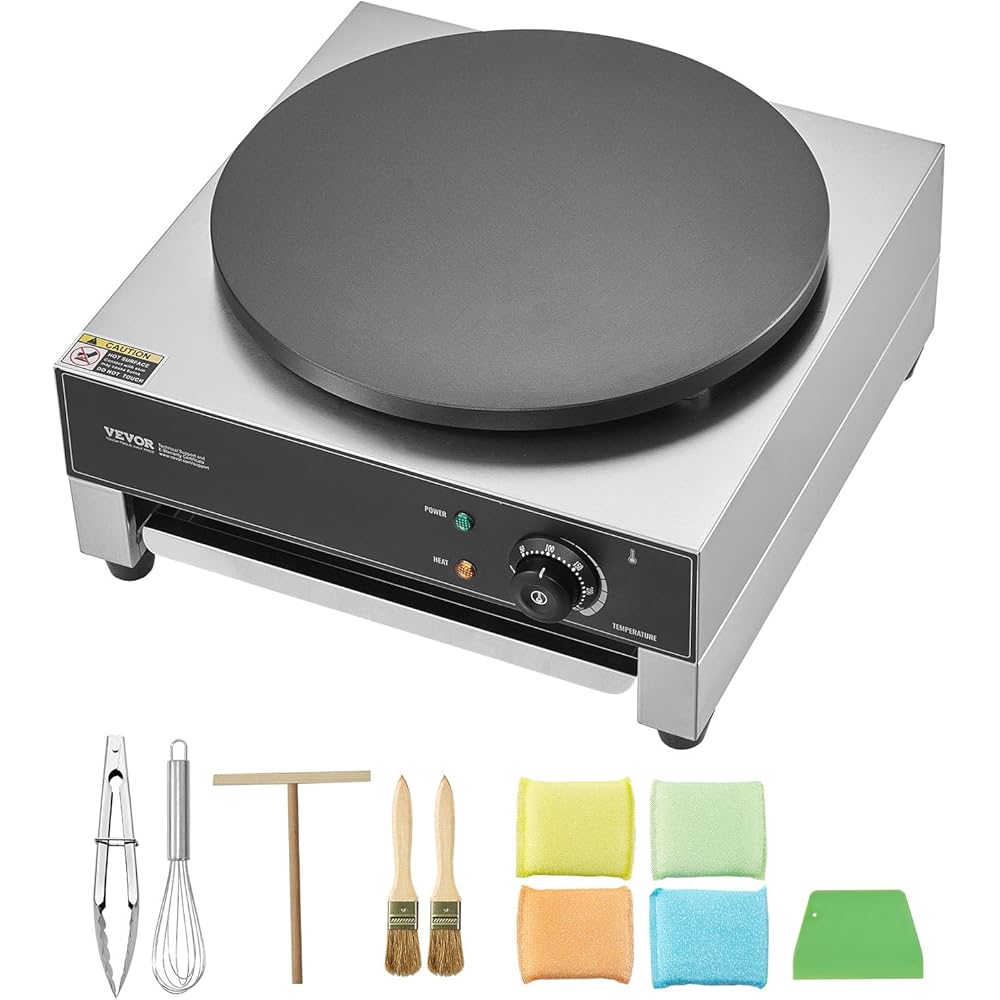 VEVOR Electric Crepe Maker, 16-Inch Commercial Crepe Machine, 1700W Flat Plate Crepe Griddle, Nonstick Stainless Steel Pancake Making Machine, Desktop Circular Cereals Pancake Stove with Temp Control: Home & Kitchen