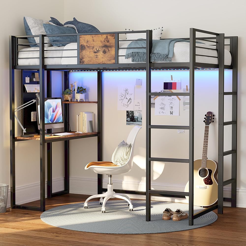 LIKIMIO Twin Metal Loft Bed with Desk and Shelves for Teens Adult, Loft Bed Frame with 2 Built-in Ladders, Power Outlet and LED Lighted, Space-Saving, Safety Guard & Ladder, Noise Free, Black : Home & Kitchen
