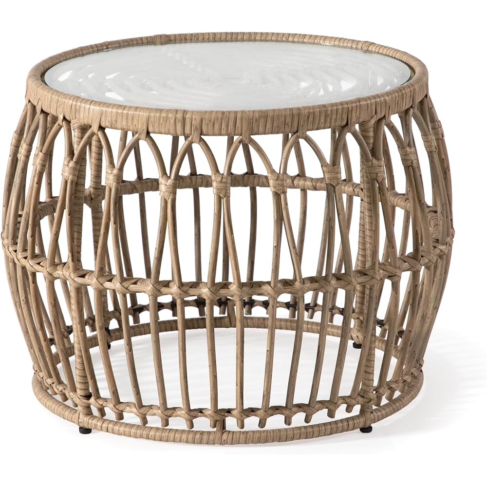 : Muse & Lounge Co. Ysar Boho Rattan Round Coffee Table Outdoor with 5mm Tempered Glass Top, All-Weather and Rust Resistant Patio Furniture : Patio, Lawn & Garden