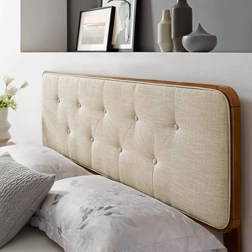- Modway MOD-6233-WAL-BEI Collins Tufted Full Fabric and Wood Headboard, Walnut Beige