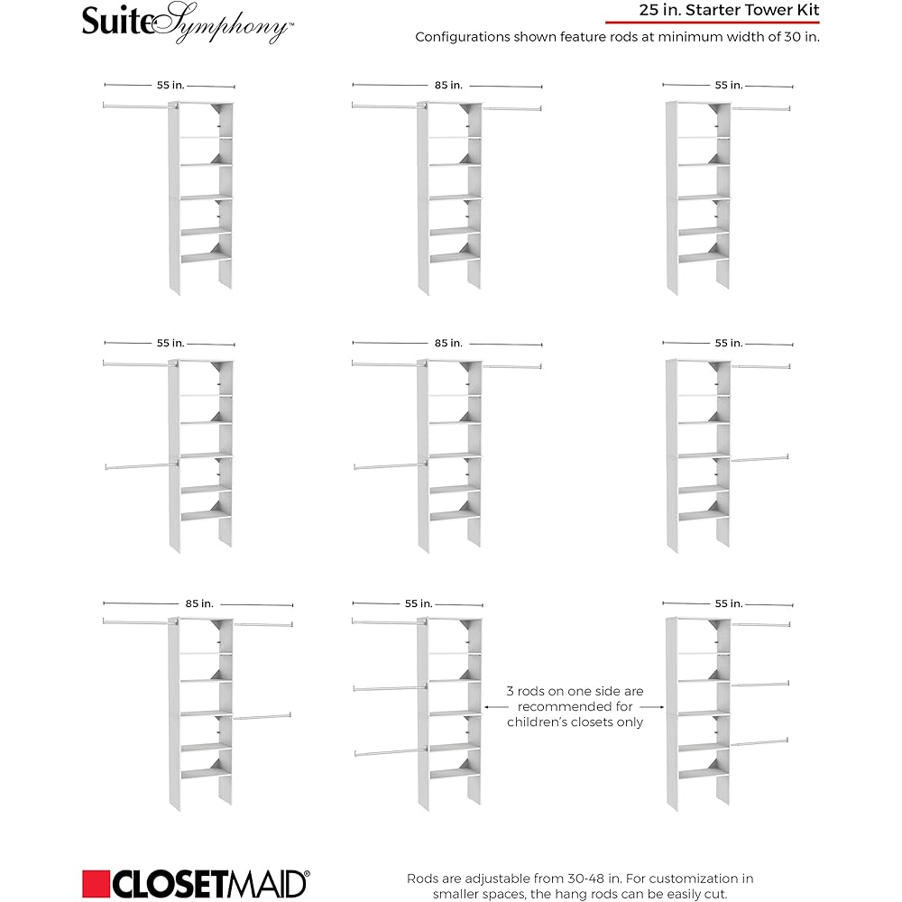 ClosetMaid SuiteSymphony Wood Closet Organizer Starter Kit Tower and 3 Hang Rods, Shelves, Adjustable, Fits Spaces 5 – 10 ft. Wide, Pure White, 25