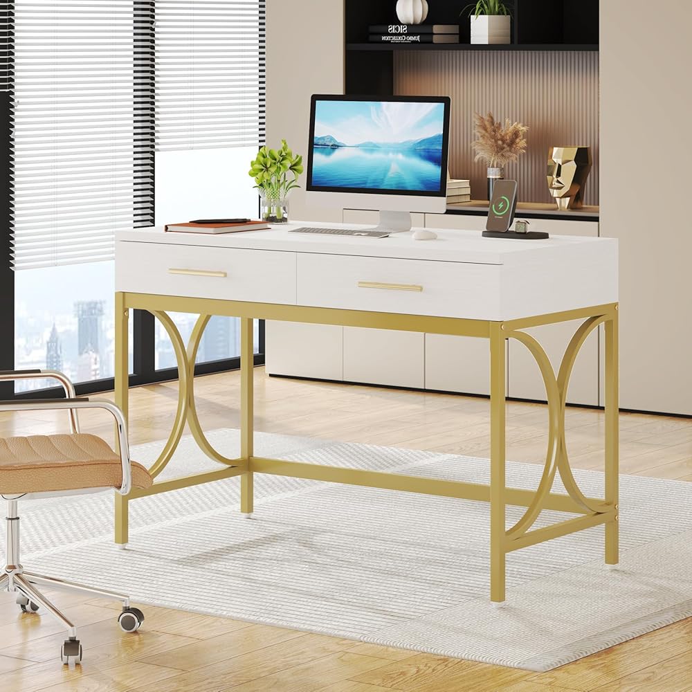 Tribesigns Modern Computer Desk with 2 Drawers, 41 Inches Study Writing Office Desk for Home Office, Bedroom, Makeup Vanity Table Desk with Gold Metal Frame, White & Gold : Home & Kitchen