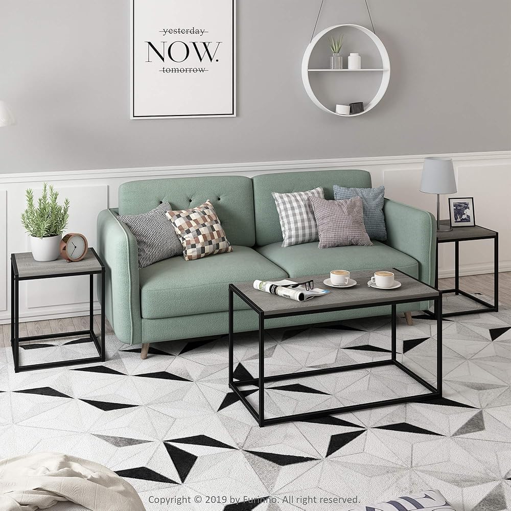 Furinno Camus Modern Living Room Coffee Table with 2 End Tables Set, French Oak Grey : Home & Kitchen