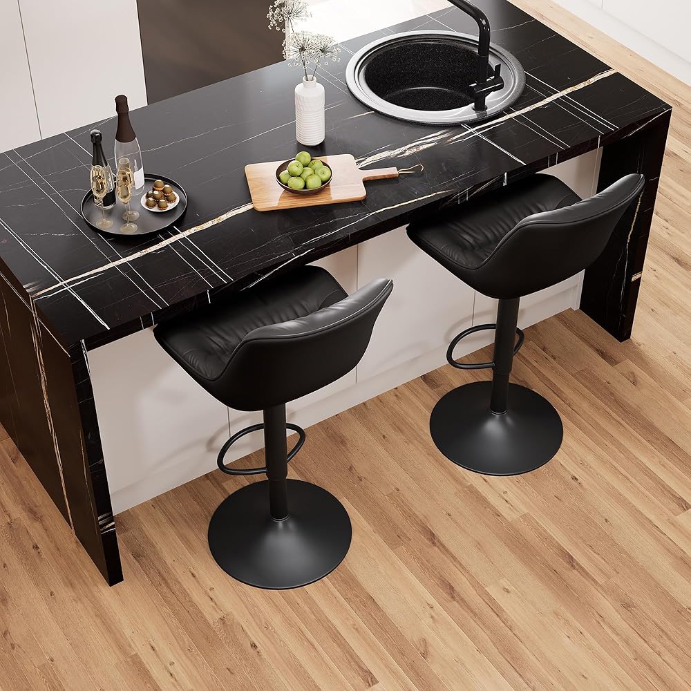 Kidol & Shellder Bar Stools Set of 2, Swivel Adjustable Counter Height Stools with Back, PU Leather Upholstered Modern Bar Chairs for Kitchen Island (Black) : Home & Kitchen