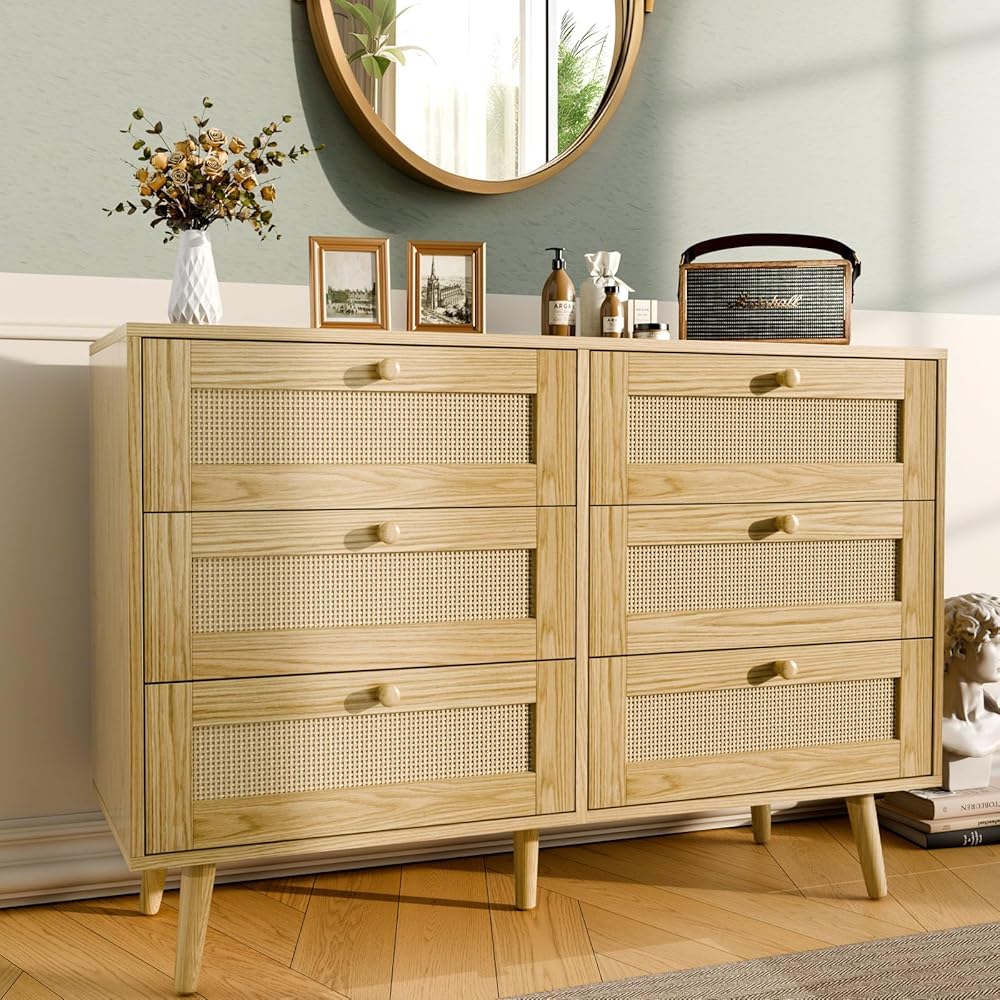 FURNIinspire 6 Drawer Storage Rattan Dresser, Boho Dresser Chest for Bedroom Hallway Living Room, Oak