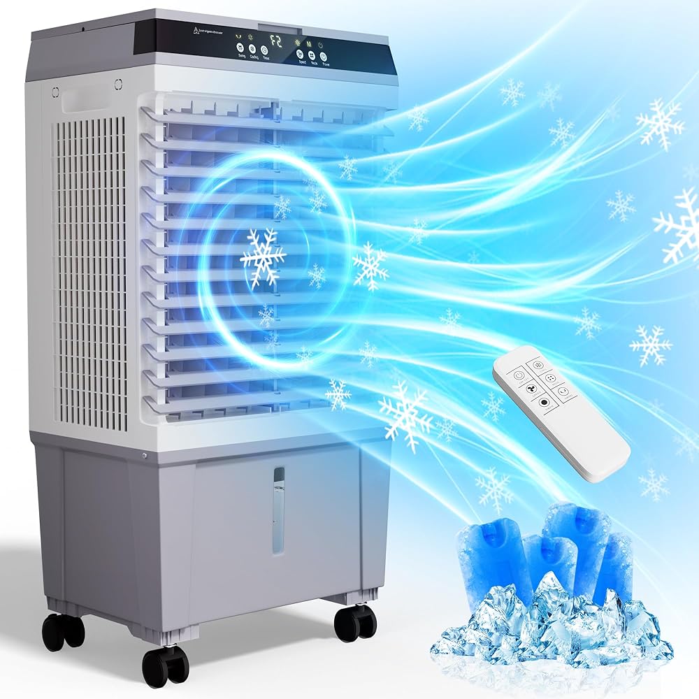 Uthfy Swamp Cooler Air Conditioner, Evaporative Air Cooler with 5.3 Gallon Water Tank, 4 Ice Box, Remote, 12H Timer, 120°Oscillation, Portable Cooling Fan with 3 Speeds for Bedroom Home Office : Home & Kitchen