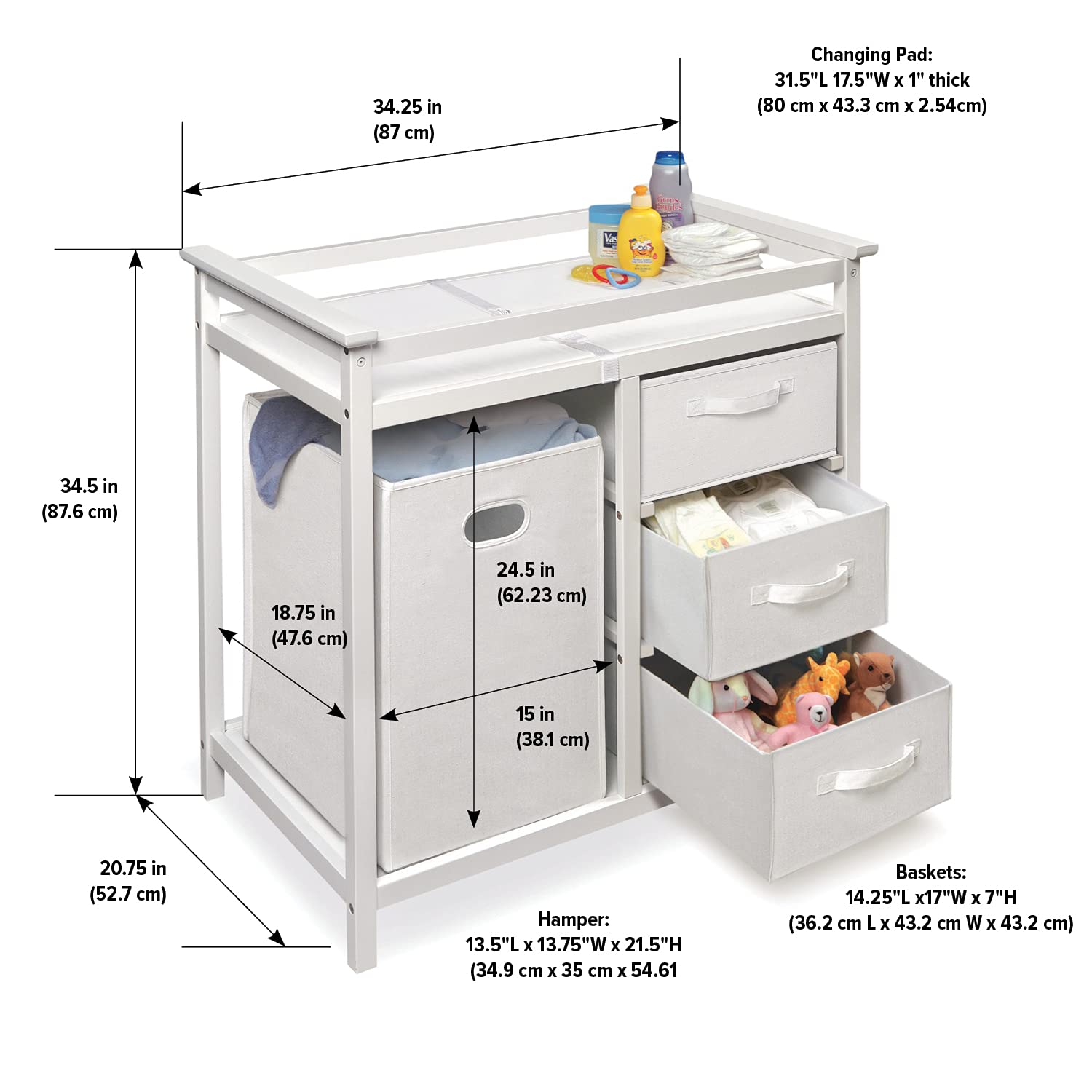 : Badger Basket Modern Baby Changing Table - Nursery Furniture with Laundry Hamper and 3 Storage Drawers - Diaper Changing Station with Safety Belt, Changing Pad, and Organizer Baskets - White/White : Baby