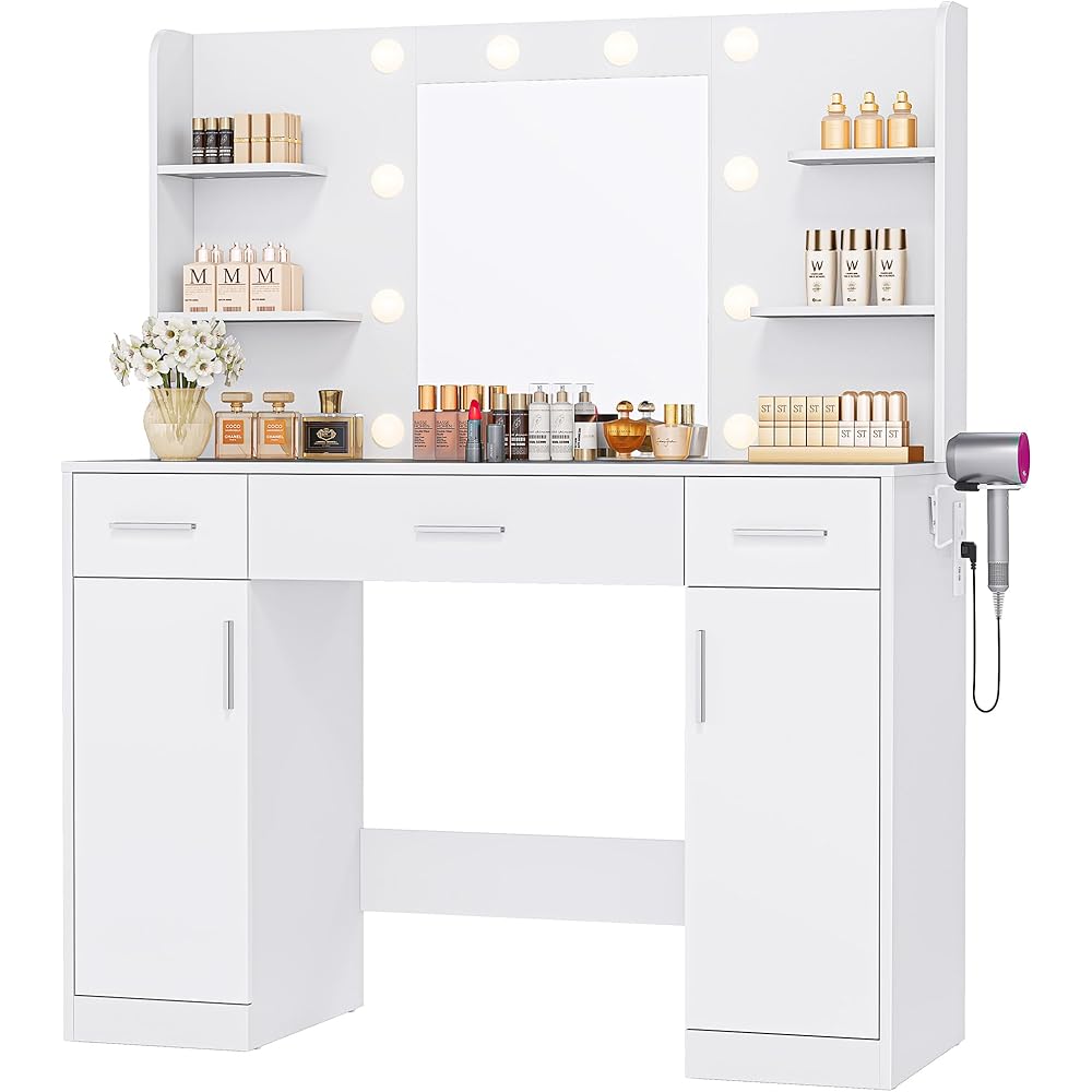 Sweetcrispy White Vanity Desk with Lighted Mirror & Power Outlet, Makeup Vanity with 3 Drawers, 6 Shelves, 2 Cabinets & Hair Dryer Holder for Bedroom Girls : Home & Kitchen