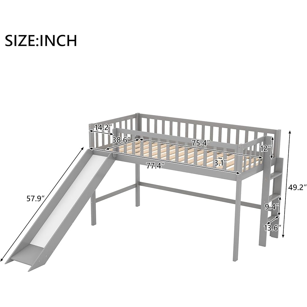 Bellemave Twin Size Loft Bed for Kids,Low Loft Bed with Slide and Ladder,Wood Loft Bed Twin for Girls Boys,Grey : Home & Kitchen