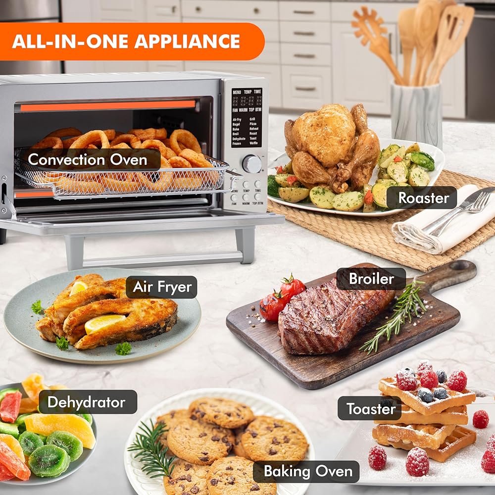 Nuwave Bravo Air Fryer Toaster Smart Oven, 10-in-1 Countertop Convection, 1800 Watts, 21-Qt Capacity, 50°-450°F Temp Controls, Top and Bottom Heater Adjustments 0%-100%, PFAS Free, Stainless Steel : Home & Kitchen