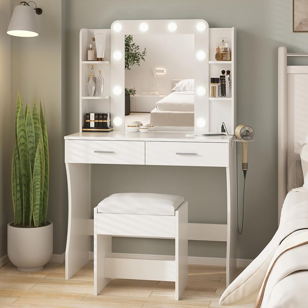 Vabches Vanity Desk with Lights,Makeup Vanity with Power Strip,Dressing Table Set with 2 Large Drawers,Vanity Mirror 3 Lighting Color Adjustable,White : Home & Kitchen