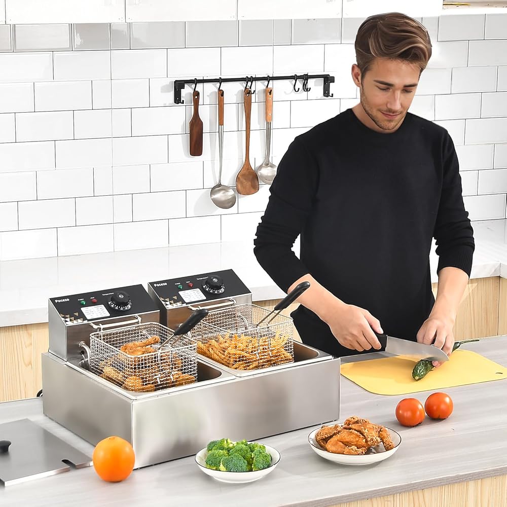 Electric Deep Fryer 17.2L/18.2QT Stainless Steel Dual Tank Commercial Fryer with Basket, 3400W 110V Countertop Deep Fryer for Home Kitchen and Restaurant Use with Oil Thermometer & Temperature Control: Home & Kitchen