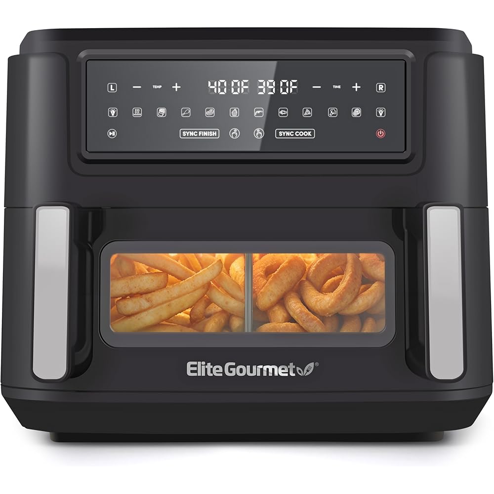 Elite Gourmet EAF1055D Dual Zone Air Fryer Oven, 11QT. Capacity with Divider, Sync Finish, Dishwasher Safe Basket, 10 Preset Functions, 1600-Watts, with Recipe Booklet, Black