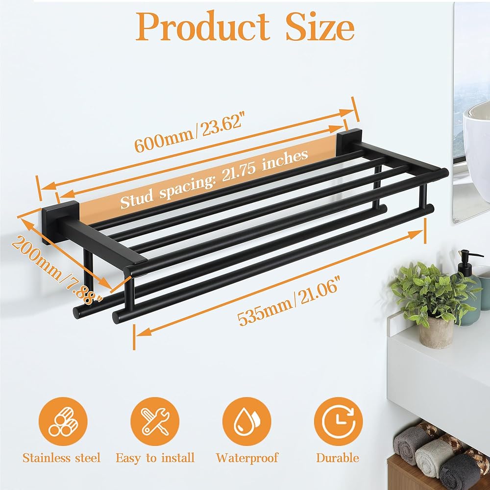 Alise Double Towel Rack for Bathroom,24 Inch Bathroom Tower Holder Towel Shelf with Double Towel Bars Wall Mount,SUS304 Stainless Steel Double Tower Bar for Bathroom Wall,Towel Hanger Matte Black : Tools & Home Improvement