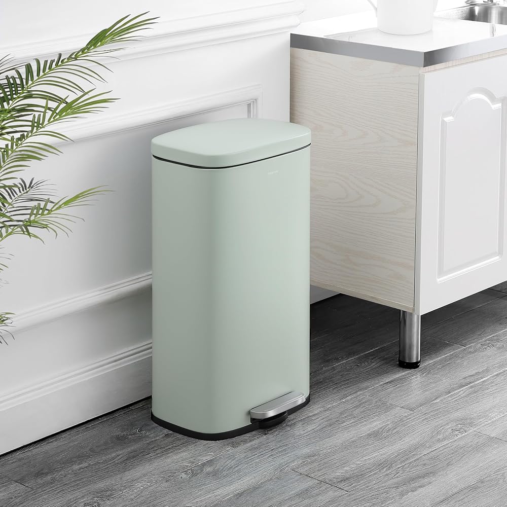 happimess HPM1011H Curtis 8-Gallon Step-Open Trash Can, Fingerprint Resistant, Modern, Minimalistic for Home, Kitchen, Laundry Room, Office, Bedroom, Bathroom, Pistachio Gelato : Home & Kitchen