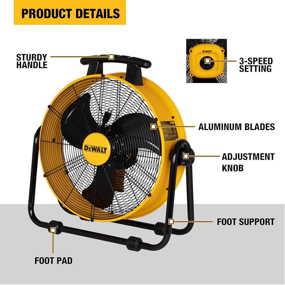 DEWALT DXF2042 Industrial Fan, 20 Inch High Velocity Fans with 3-Speed Adjustable Tilting Head, Drum Fan for Outdoor, House and Warehouse, Yellow : Home & Kitchen