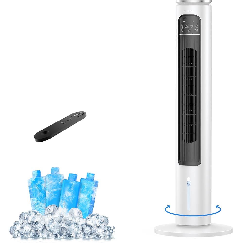 Windowless Portable Air Conditioners, 37.3’’ Evaporative Air Cooler w/Remote, 2.5L Removable Water Tank & 4 Ice Boxes, 12H Auto-off, 70° Oscillating, Quiet Cooling Tower Fan For Bedroom Home Office : Home & Kitchen