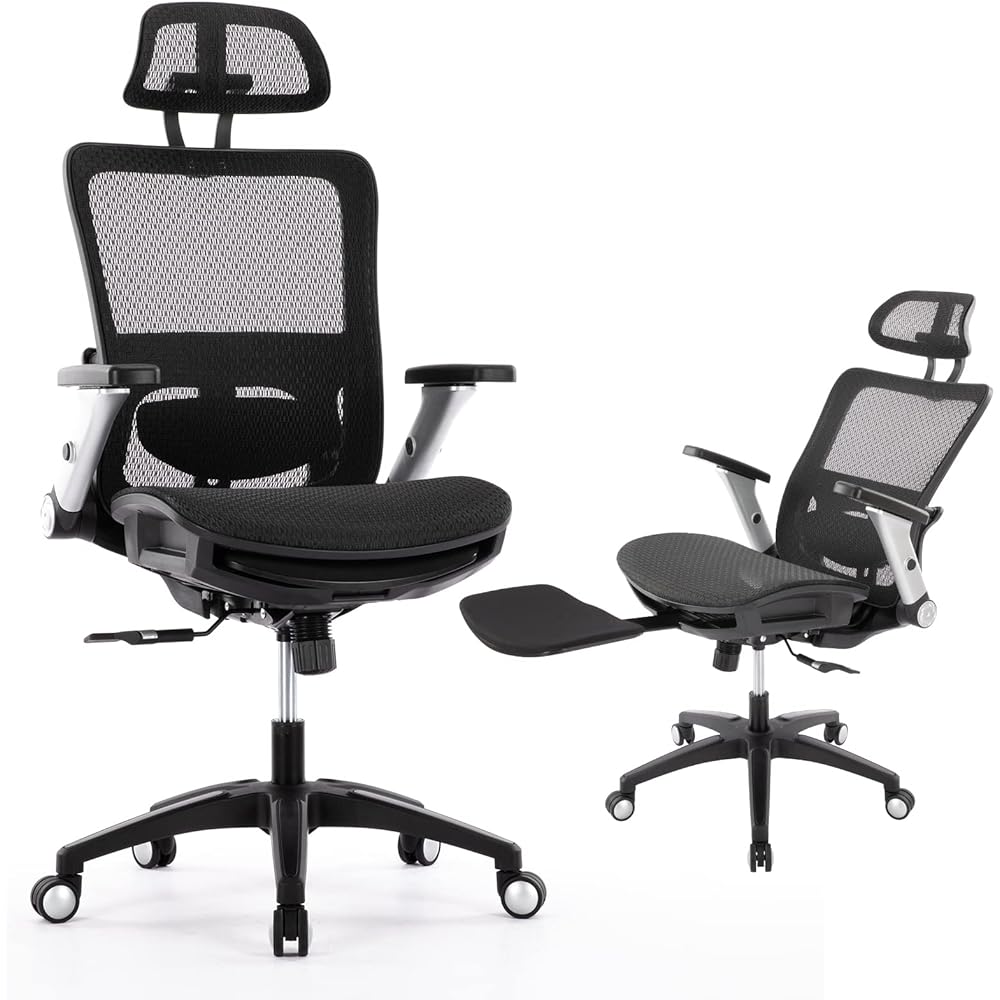 COLAMY Ergonomic Mesh Office Chair with Footrest, High Back Computer Executive Desk Chair with Headrest and 4D Flip-up Armrests, Adjustable Tilt Lock and Lumbar Support-Black