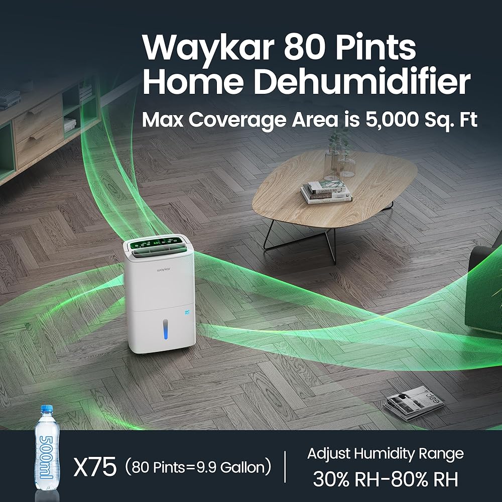 - Waykar 80 Pints Energy Star Home Dehumidifier for Spaces up to 5,000 Sq. Ft at Home, in Basements and Large Rooms with Drain Hose, Handle, Auto Defrost and Self-Drying.