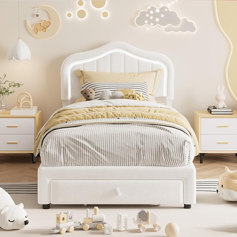 GarveeHome Twin Upholstered Bed Frame with Storage Drawer and Smart Led Headboard, Twin Size Platform Bed Frames for Kids, Wooden Slats Support, No Box Spring Needed, Easy Assembly, White : Home & Kitchen