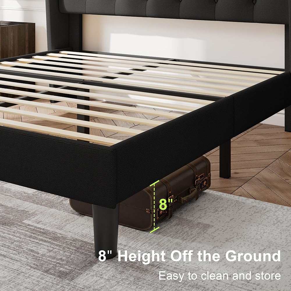 Feonase Queen Bed Frame with Upholstered Wingback Headboard, Platform Bed and Heavy Duty Wooden Slats Support, Easy Assembly, Noise-Free, No Box Spring Needed, Black : Home & Kitchen