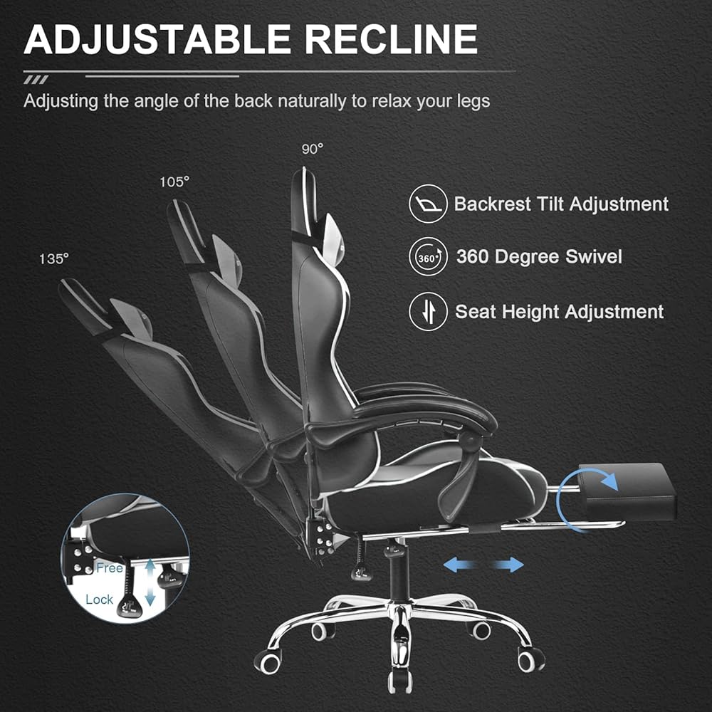 GTPLAYER Gaming Chair, Computer Chair with Footrest and Lumbar Support, Height Adjustable Game Chair with 360°-Swivel Seat and Headrest and for Office or Gaming (Snow White) : Home & Kitchen