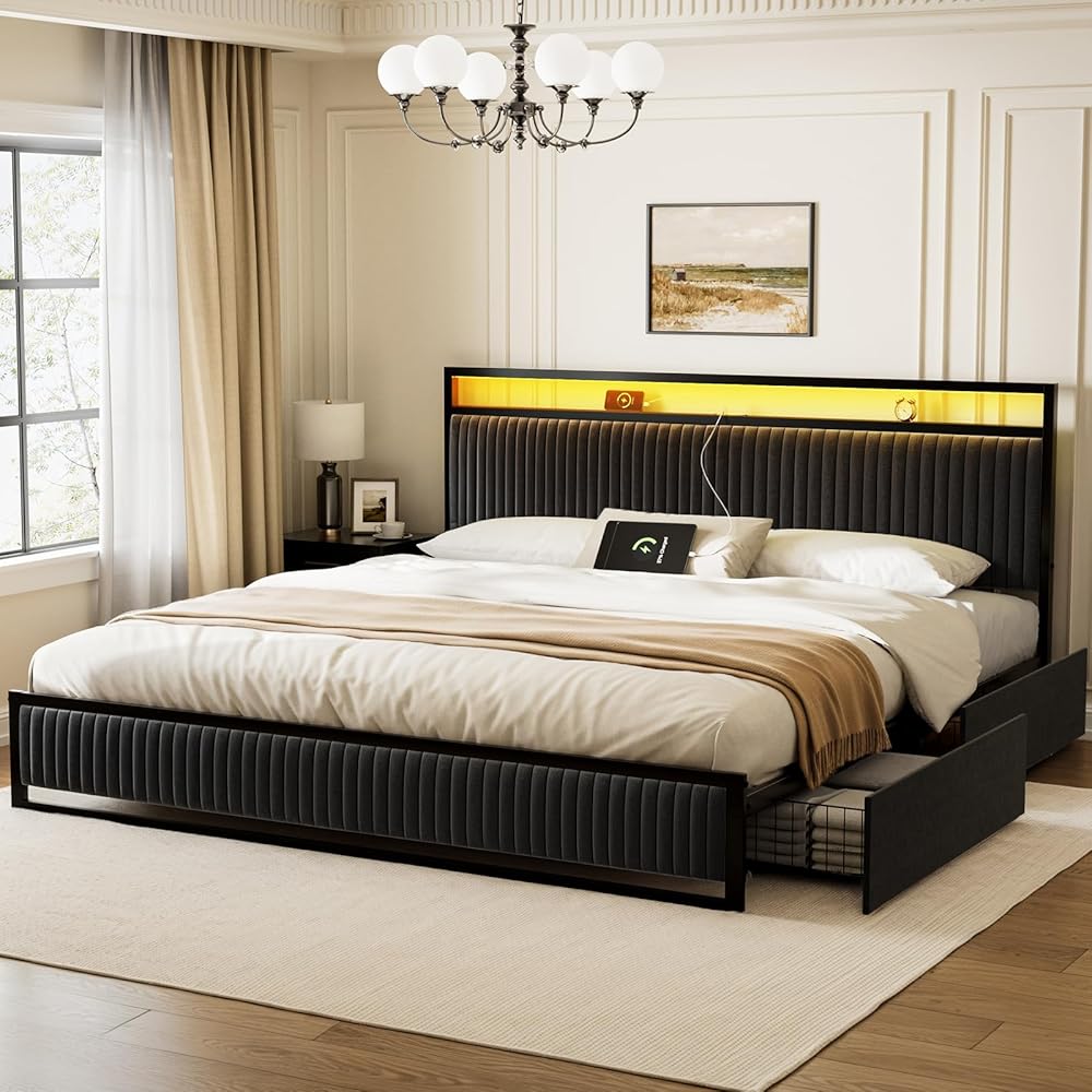 ROLETALENT King Size Upholstered Velvet Platform Bed Frame with Storage Drawers, Built-in USB Charging Station & LED Light Strip, Sturdy Metal Frame with Headboard - No Box Spring Required,Black : Home & Kitchen