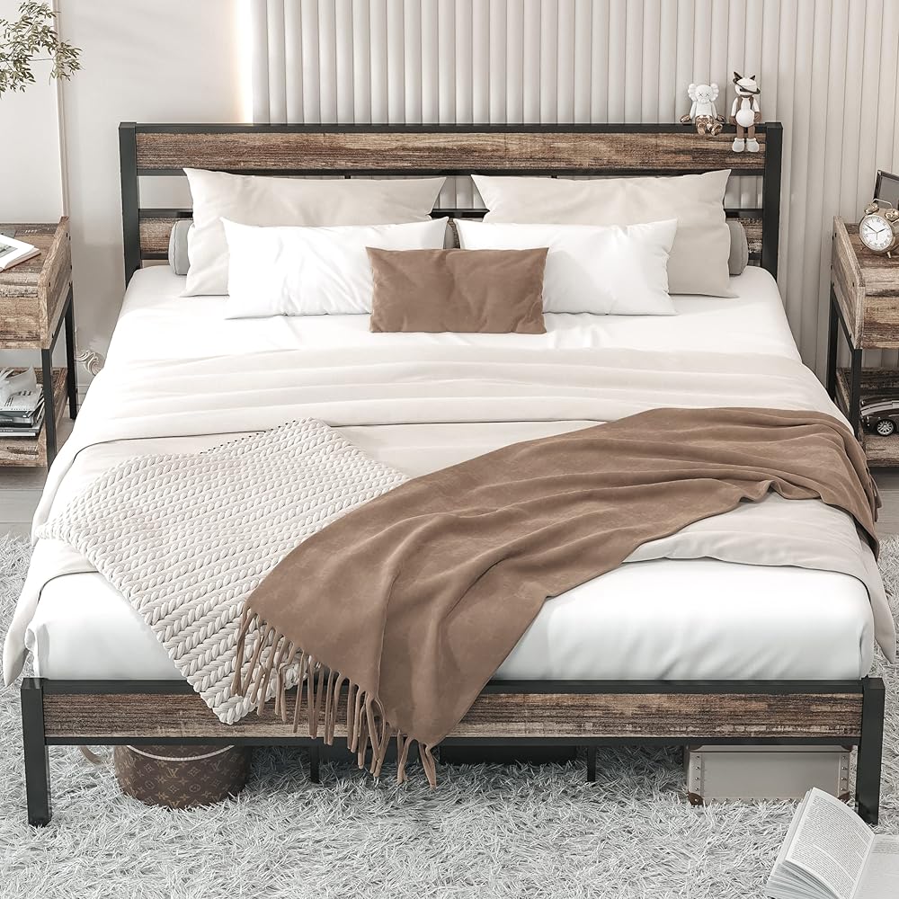 LIKIMIO California King Bed Frame wtih Headboard, Easy Assembly, Noise-Free, No Box Spring Needed, Heavy Strong Metal Support Frames, Rustic Brown : Home & Kitchen